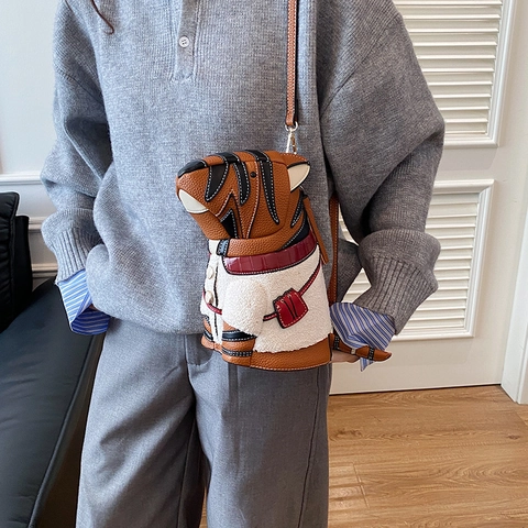 Creative Tiger Shape Shoulder Bag PU Leather And Plush Sherpa Contrast Stitching Novelty Animal Crossbody Handbag Women