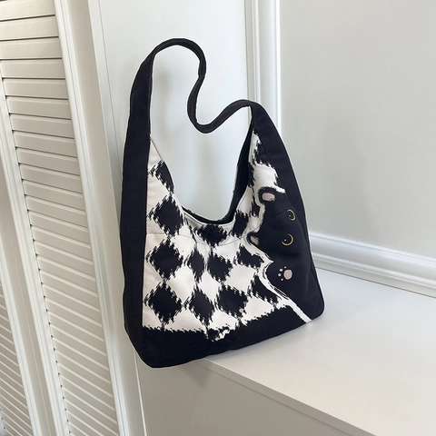 Borsa Tote In Tela Da Donna Grande Capacità Simpatico Motivo A Gatto Patchwork Pied-De-Poule Scacchi Borsa A Tracolla Casual