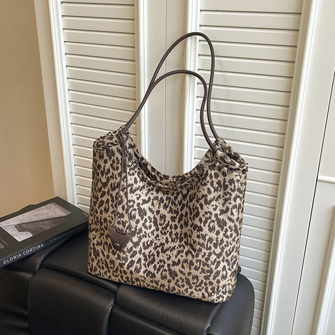 Leopardenmuster Tote Bag Polyester Große Kapazität Schulter Handtasche Lässig Retro Tiermuster Träger Mit Charm Damen
