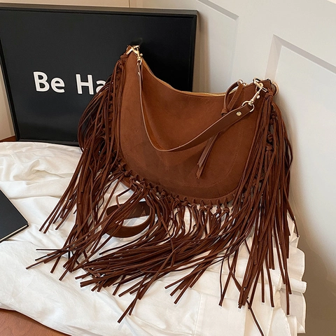 Bolso Hobo Con Flecos Material Gamuza Media Luna Bolso De Hombro Bandolera Estilo Bohemio Retro Para Mujer