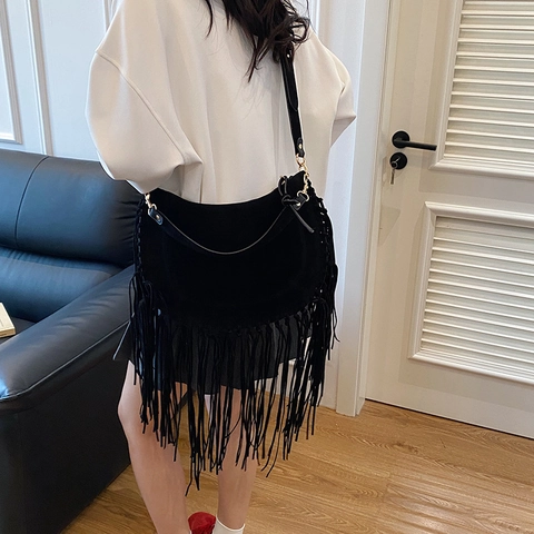 Bolso Hobo Con Flecos Material Gamuza Media Luna Bolso De Hombro Bandolera Estilo Bohemio Retro Para Mujer