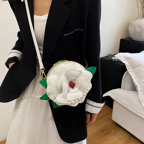 Stereoscopic Flower Shape Shoulder Bag PU Leather Artificial Pearl Handle Camellia Rose Floral Crossbody Handbag For Women Elegant