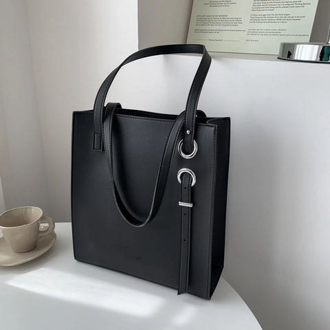 Borsa Tote Donna Borsa A Spalla Pelle PU Grande Capacità Minimalista Ufficio Mano Con Anelli Argento Cintura Decorativa