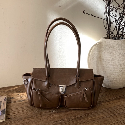 Damen Vintage PU Leder Tote Tasche Große Kapazität Doppelte Fronttaschen Retro Minimalistisch Täglicher Pendelverkehr Handtasche