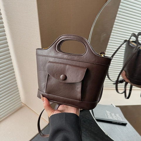 Vintage PU Leren Emmertas Handtas Crossbody Schoudertas Voorvak Flap Rits Sluiting Voor Dames
