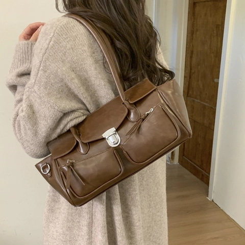 Damen Vintage PU Leder Tote Tasche Große Kapazität Doppelte Fronttaschen Retro Minimalistisch Täglicher Pendelverkehr Handtasche