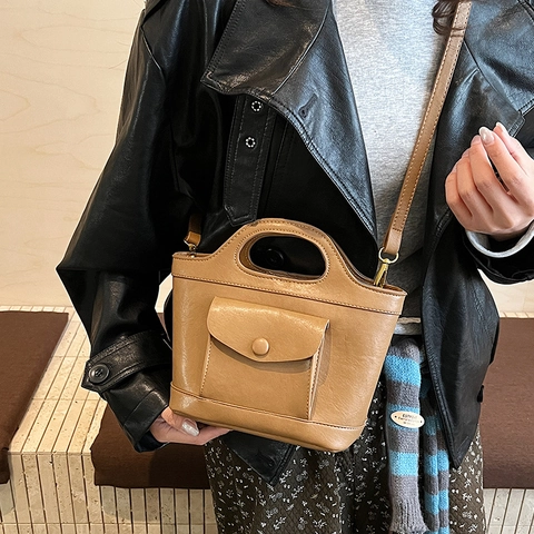 Vintage PU Leren Emmertas Handtas Crossbody Schoudertas Voorvak Flap Rits Sluiting Voor Dames