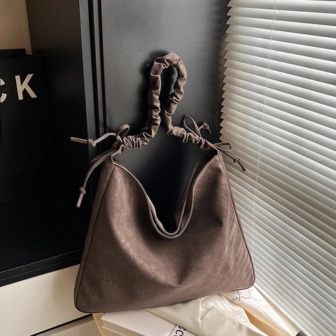 Borsa A Spalla In Ecopelle Grande Capacità Con Tracolla Arricciata Coulisse Laterale Retro Minimalista Tote Hobo Da Donna