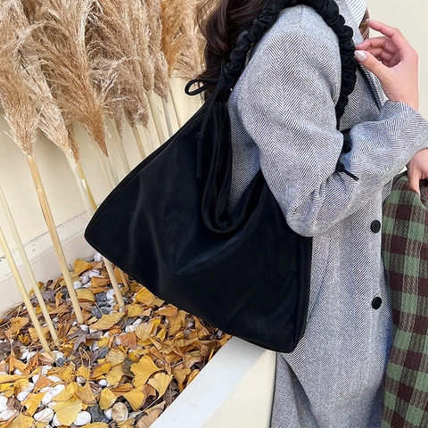 Borsa A Spalla In Ecopelle Grande Capacità Con Tracolla Arricciata Coulisse Laterale Retro Minimalista Tote Hobo Da Donna