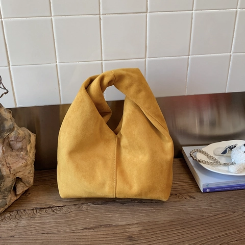 Borsa A Mano Minimalista Effetto Scamosciato Manico Annodato Grande Capacità Design Nicchia Coreano Borsa Tote Pieghe Donna