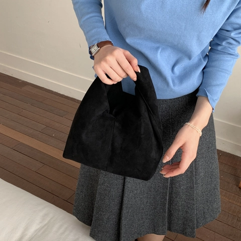 Borsa A Mano Minimalista Effetto Scamosciato Manico Annodato Grande Capacità Design Nicchia Coreano Borsa Tote Pieghe Donna