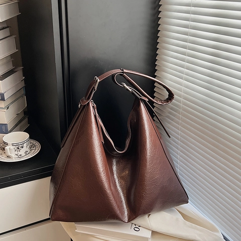 Große Tote Bag Vintage Glänzendes Falten PU Leder Hobo Schultertasche Für Damen Pendeln Nische Design
