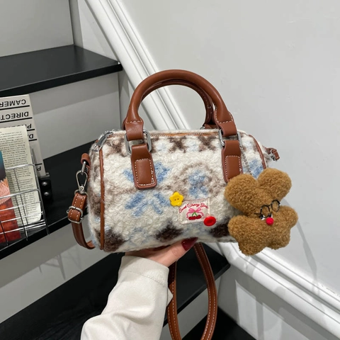Retro Contrast Color Plush Boston Bag With Sweet Cherry Patch And Bear Pendant Women Handbag Adjustable Crossbody Strap