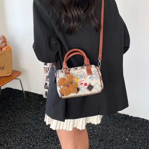 Retro Contrast Color Plush Boston Bag With Sweet Cherry Patch And Bear Pendant Women Handbag Adjustable Crossbody Strap