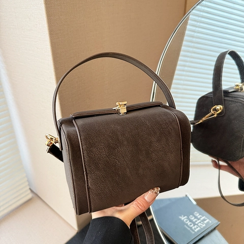 Retro Box Crossbody Bag Matte PU Leather Handbag Gold Metal Lock Vintage Top Handle Shoulder Bag For Women