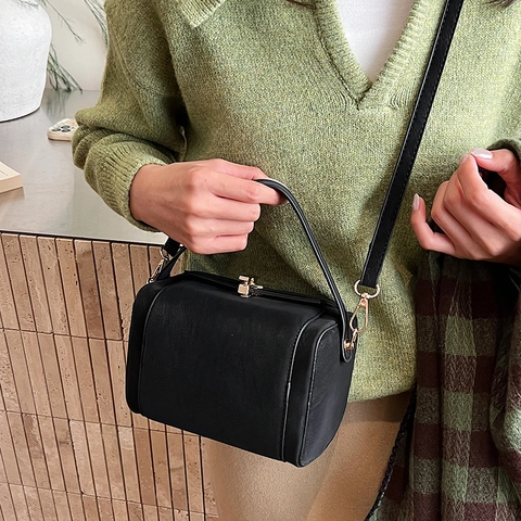 Retro Box Umhängetasche Matte PU Leder Handtasche Gold Metallschloss Vintage Top Griff Schultertasche Für Damen