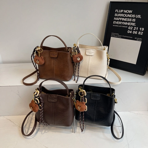 Women Retro Bucket Bag PU Leather Solid Color Commuter Top Handle Crossbody Shoulder Bag Gold Hardware Elegant