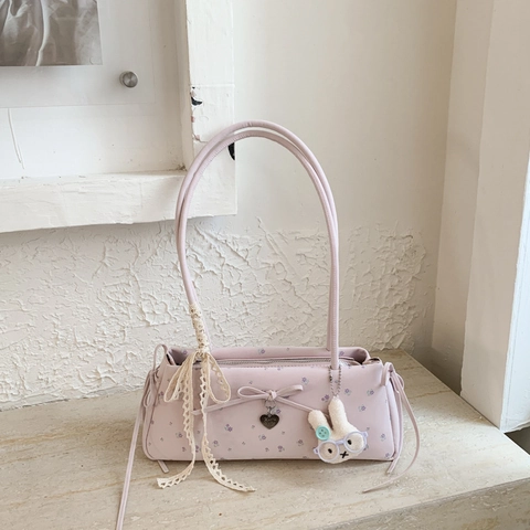 Borsa Baguette In Pelle PU Con Stampa Floreale Fiocco In Pizzo E Ciondolo Coniglio Peluche Borsa A Tracolla Stile Coreano