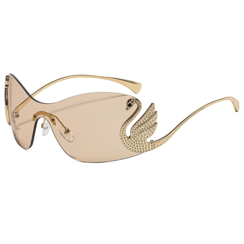 Swan Decor Rimless Oversized Sunglasses For Women UV400 Protection Trendy Gradient Lens Irregular Metal Frame