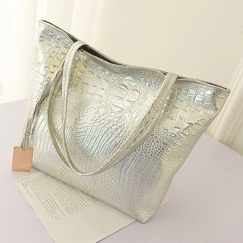 Grote Capaciteit Tote Bag Krokodillenpatroon PU Leer Metallic Glanzend Schouder Handtas Voor Dames Dagelijks Gebruik