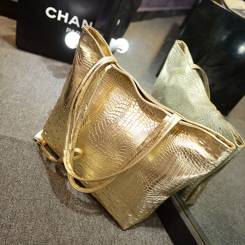 Grote Capaciteit Tote Bag Krokodillenpatroon PU Leer Metallic Glanzend Schouder Handtas Voor Dames Dagelijks Gebruik