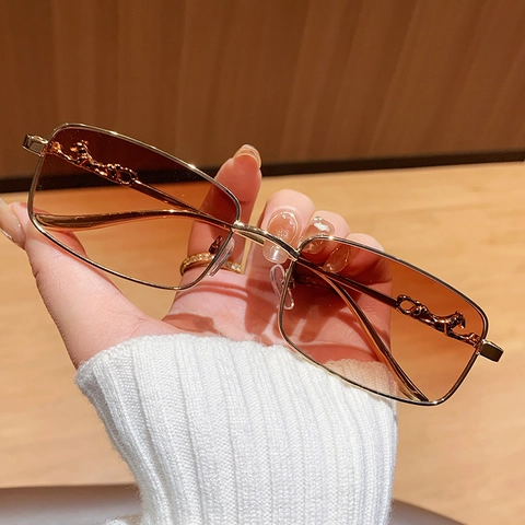 Rectangular Sunglasses Metal Frame Luxury Panther Decoration UV400 Protection Gradient Lens Vintage Fashion Eyewear