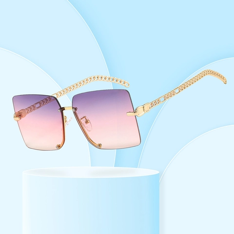 Oversized Rimless Square Sunglasses Women Fashion Metal Chain Temples UV400 Protection Gradient PC Lens Eyewear