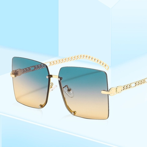 Oversized Rimless Square Sunglasses Women Fashion Metal Chain Temples UV400 Protection Gradient PC Lens Eyewear