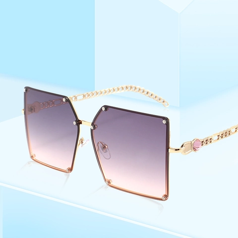 Oversized Square Sunglasses Women Rimless Gradient Lenses Metal Chain Temples UV400 Protection Trendy Luxury Eyewear