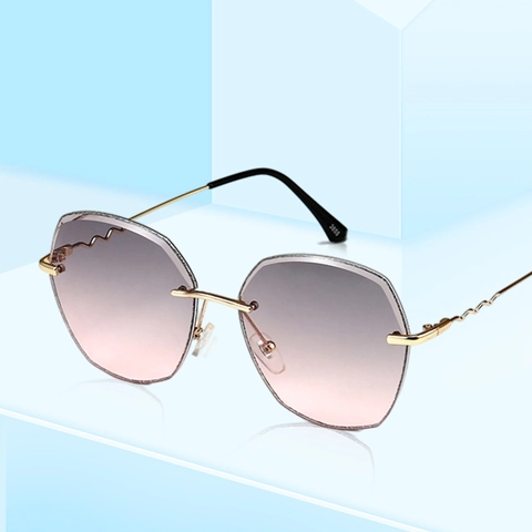 Vintage Rimless Geometric Sunglasses UV400 Protection Irregular Gradient Lenses Wavy Metal Temples Fashion Eyewear