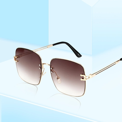 Fashion Oversized Square Rimless Sunglasses For Women UV400 Protection Metal Frame Gradient Lens Retro Trendy Eyewear