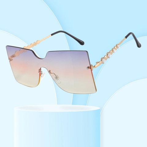 Rimless Oversized Square Sunglasses Women Men Fashion Metal Frame UV400 Gradient Lens Y2K Vintage Rhinestone Temples