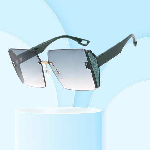 Oversized Square Rimless Sunglasses Gradient PC Lens UV400 Protection Metal Bridge Glitter Decor Fashion For Women