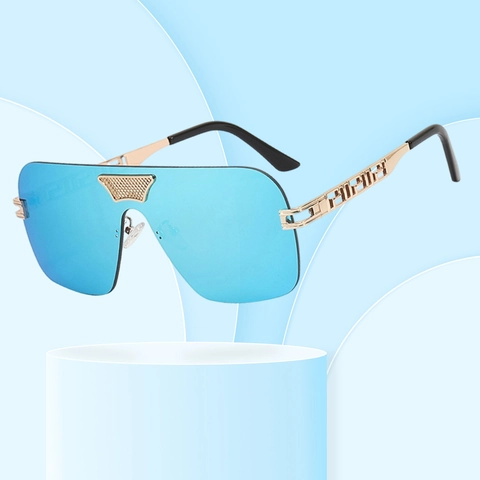 Oversized Rimless Sunglasses One Piece Shield Fashion UV400 Metal Greek Key Temples Vintage For Women And Men