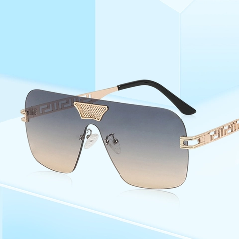 Oversized Rimless Sunglasses One Piece Shield Fashion UV400 Metal Greek Key Temples Vintage For Women And Men