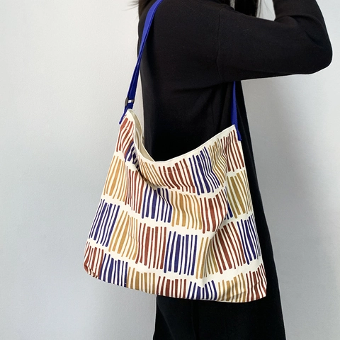 Borsa A Tracolla In Tela A Righe Verticali Colorate Artistiche Grande Borsa Tote Con Cerniera E Tracolla Regolabile