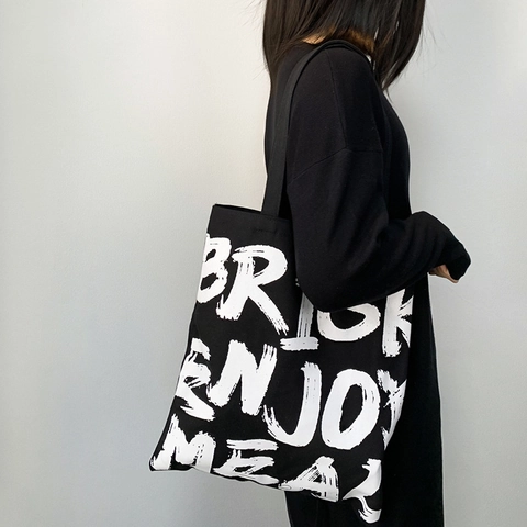Borsa Tote In Tela Da Donna Grande Capacità Stampa Lettere Semplice Casual Shopping Borsa A Spalla Con Cerniera