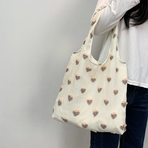 Borsa Tote Da Donna Tela A Rete Ricamo Floreale 3D Grande Capacità Borsa A Spalla Casual Carina Per Studenti