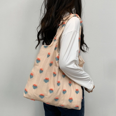 Borsa Tote Da Donna Tela A Rete Ricamo Floreale 3D Grande Capacità Borsa A Spalla Casual Carina Per Studenti