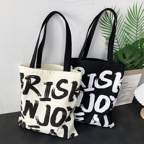 Borsa Tote In Tela Da Donna Grande Capacità Stampa Lettere Semplice Casual Shopping Borsa A Spalla Con Cerniera