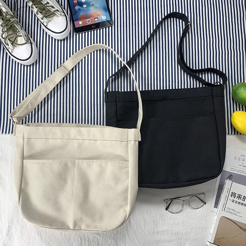 Canvas Crossbody Bag Large Capacity Solid Color Adjustable Strap Casual Shoulder Purse For Women And Students