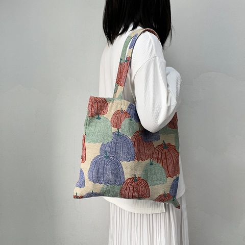 Borsa Tote Jacquard Zucca Vintage Grande Capacità Borsa A Spalla In Tela Donna Casual Quotidiana