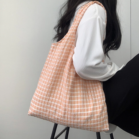 Seersucker Textured Plaid Tote Bag Large Capacity Casual Checkered Shoulder Handbag For Women Ins Style