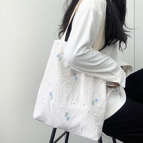 Sac Cabas En Toile Broderie Florale Motif Fleur Ajouré Femme Frais Littéraire Sac À Épaule Étiquette Hand Made Blanc