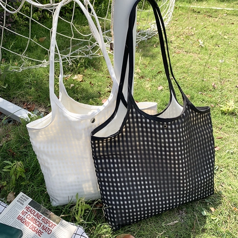 Damen Schachbrett Gitter Mesh Tote Bag Große Kapazität Minimalistische Sommer Schultertasche Ästhetische Handtasche