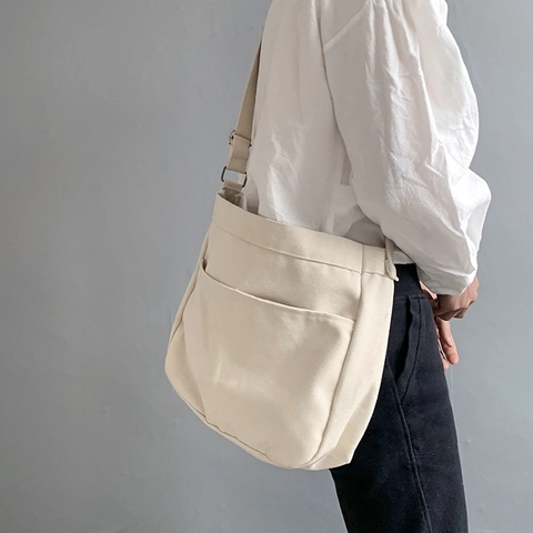 Canvas Crossbody Bag Large Capacity Solid Color Adjustable Strap Casual Shoulder Purse For Women And Students