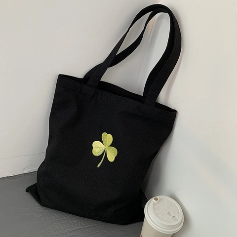 Women Canvas Tote Bag Clover Embroidery Large Capacity Shoulder Handbag Zipper Casual School Shopping Bag
