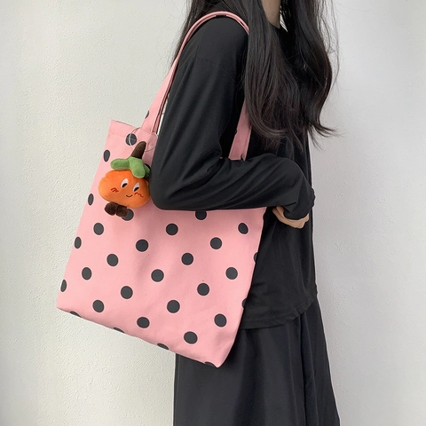 Polka Dot Canvas Einkaufstasche Pink Hohe Kapazität Schultertasche Damen Student Mit Plüsch Frucht Anhänger Reißverschluss