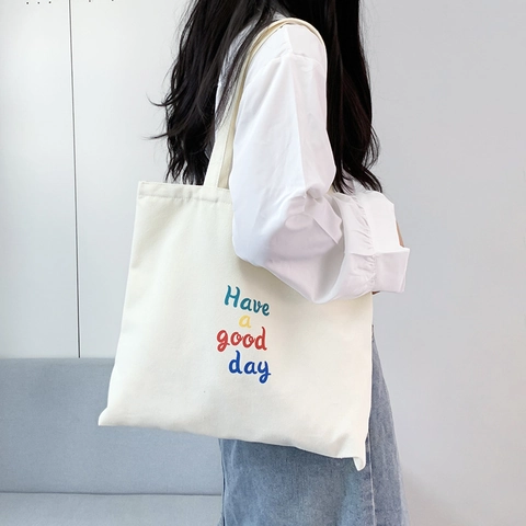 Borsa Tote Minimalista In Tela Grande Capacità Con Chiusura A Zip Stampa Lettere Have A Good Day Per Donna