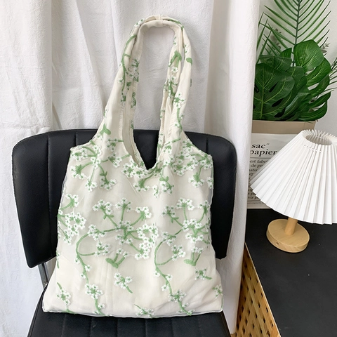 Florale Stickerei Netz Spitze Leinwand Tragetasche Große Kapazität Schulter Handtasche Für Frauen Studenten Strand Urlaub